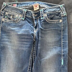 True Religion Blue Jeans with White and Teal Accents